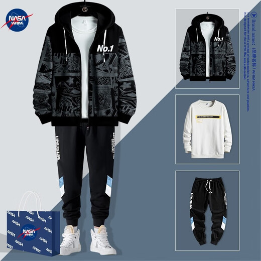 WHIM NASA男士外套男春秋季款夹克衣服男装三件套运动套装青少年初高中学生 838 黑灰色 三件套 XL