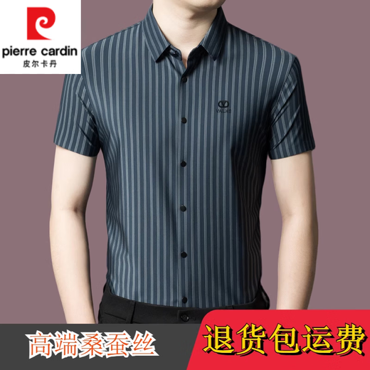 皮尔卡丹（pierre cardin）长袖衬衫男条纹桑蚕丝新款春秋中年商务休闲大码免烫衬衣T恤上衣 9928黑色【长】 L 170建议120-135斤