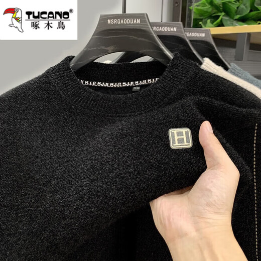 Woodpecker integrated velvet high-end round neck sweater for men's autumn and winter style plus velvet thickened warm base knitted sweater clothes 10749/9906 black [plug thickened] M