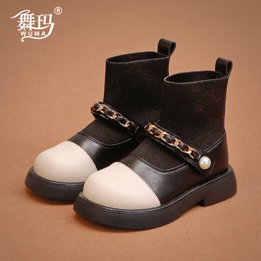 Wuma Girls' Boots Children's Genuine Leather Princess Short Boots 2025 New Baby Girl Winter Plush Sock Boots Girls' Second Cotton Shoes Black Second Cotton Size 25 The inner length of the shoe is about 16.3CM