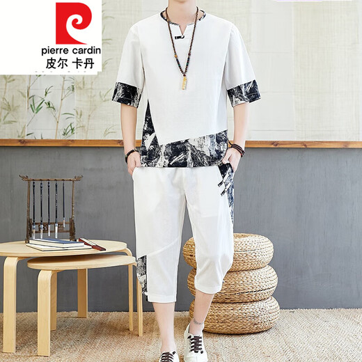 
Pierre cardin Chinese style men's Tang suit summer Hanfu short-sleeved T-shirt retro style loose casual large size set of clothes Apricot color 687 set top + pants 2 pieces in total XL