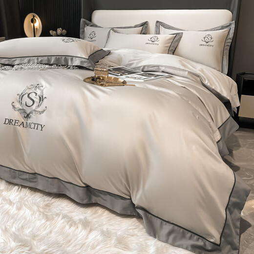 Fu'an Baina high-end 200 count long-staple cotton four-piece set 100 cotton pure cotton duvet cover sheet fitted sheet light luxury high-end bedding Prague - Mountain Gray 1.8m bed sheet style four-piece set duvet cover 200x230cm