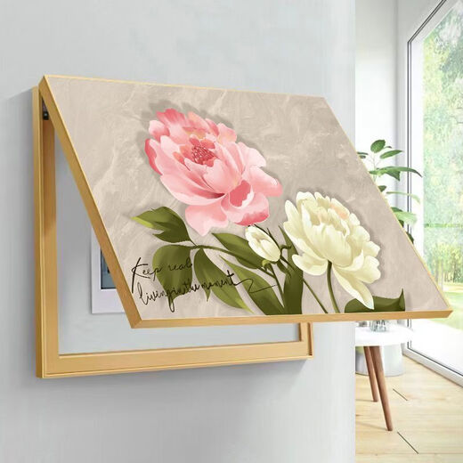 Distribution box decorative painting blocking cream style peony flower restaurant dining room meter box box power main switch hanging painting B style cream peony gold frame 70X50 accommodates 62*42 flip-up model aluminum alloy frame