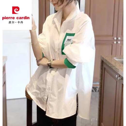 Pierre Cardin European station 2025 spring and summer white mid-length long-sleeved shirt women's loose large size fashionable casual cotton shirt white 6081# in stock 3XL recommended 146-155