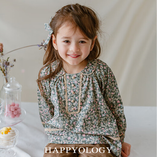 Happyology British European style button-down girls' shirt children's shirt long-sleeved tops girls British splicing collar flowery golden rose 134 (134cm)