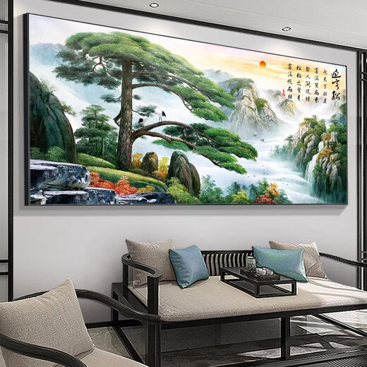 工匠时光迎客松客厅沙发背景墙装饰茶室挂画风景画山水字画办公室壁画中堂 [迎客松]CT-3882 180*80cm典雅金(拉丝铝框)[亮面
