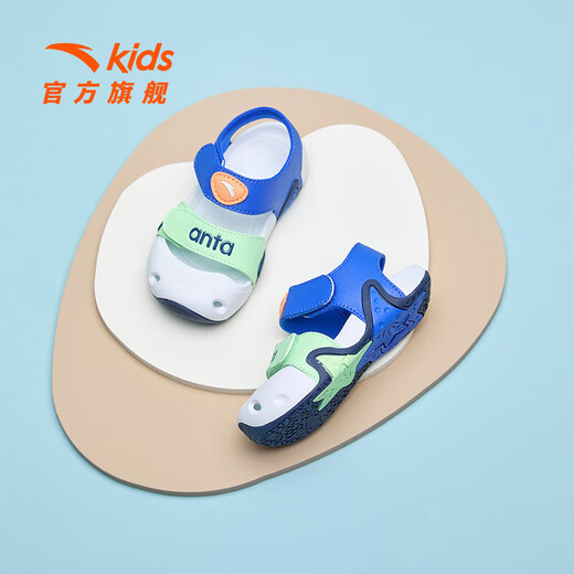 ANTA children's sandals for boys and girls, beach shoes for boys and girls, summer toe-caps, breathable, lightweight, soft-soled baby starfish toddler shoes, men's sea blue/fluorescent light grass green-3 23, shoe inner length 14cm