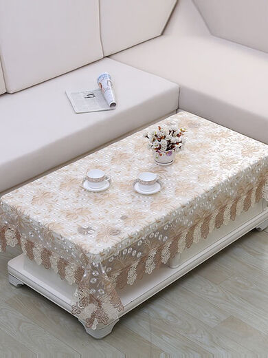 
OIVFNDQN coffee table protection mat high-end European yarn embroidered dining tablecloth lace tablecloth living room rectangular tablecloth pastoral 1518 dandelion beige cabinet 70*210CM