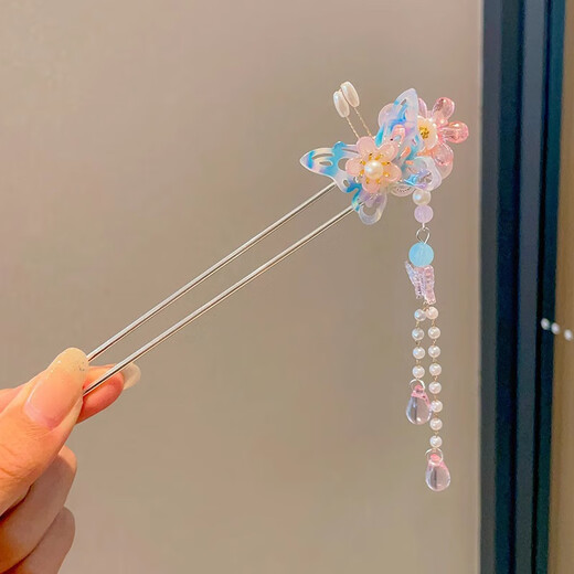 新中式古风发簪高级款简约现代木簪子清新气质汉服旗袍盘发发钗女 15#彩色蝴蝶