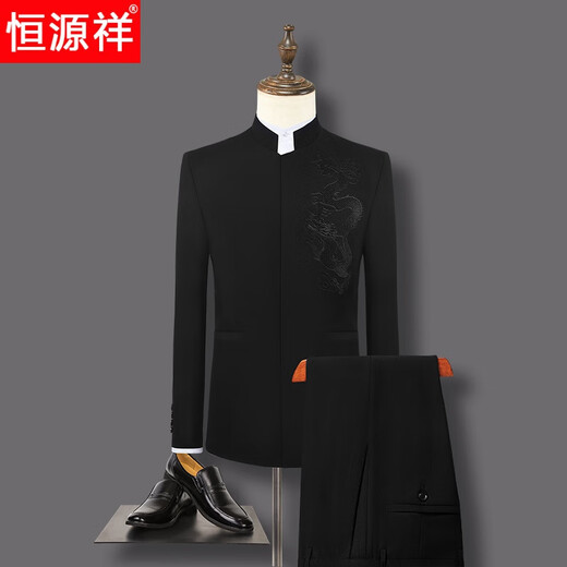 Hengyuanxiang Chinese tunic suit men's slim suit Chinese stand collar Chinese style suit wedding dragon pattern secret door groom and groomsman dress secret door dragon pattern black clothes plus * pants XS 160 weight 90-100Jin Jin is equal to 0.5 kg or so