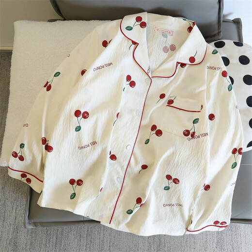浪莎（LangSha）纱布睡衣女长袖长裤春秋夏款套装甜美樱桃可外穿开衫家居服夏季 826#星月彩点#【长袖+长裤】 M 【建议80-100斤】