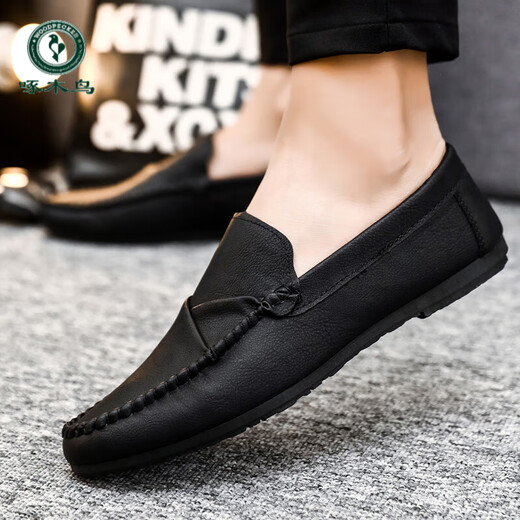 Holzspecker Herrenbohnenschuhe Koreanische Version der geschäftlichen Arbeit lässige Lederschuhe atmungsaktiv und vielseitig nicht rutsches einstufige Männerschuhe 2025 Sommer D826 Black 39 Small