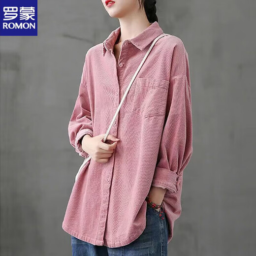 ROMON 2026 Literary Retro Corduroy Long Sleeve Shirt Women's Outerwear Versatile Casual Shirt New Autumn Velvet Top Pink M Recommended 90-110Jin Jin equals 0.5 kg