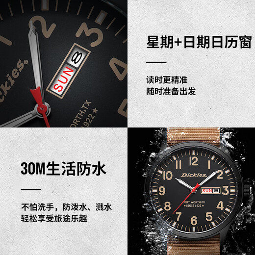 
Dickies Student Watch Junior High School Exam Table Outdoor Sports Calendar Luminous Waterproof Quartz Watch Gift CL-684 Brown