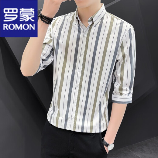 Romon Camisa para hombres de siete puntos Casco de manga corta Slim Summer delgada a media manga versátil versátil y transpirable para hombres 679 Café XL