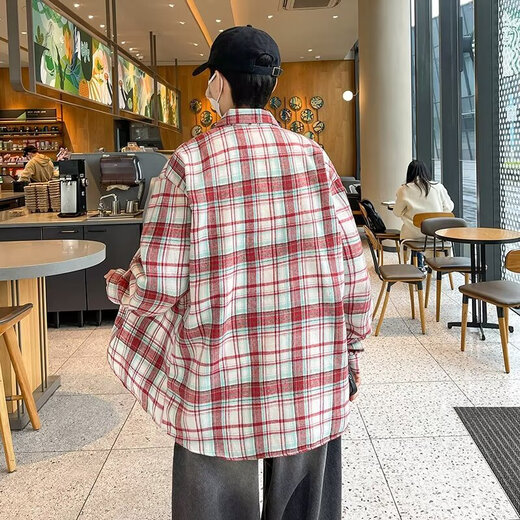 美式长袖衬衫男生春夏季宽松翻领格子衬衣复古潮流休闲百搭外套男 CRYZ687黄色 3XL