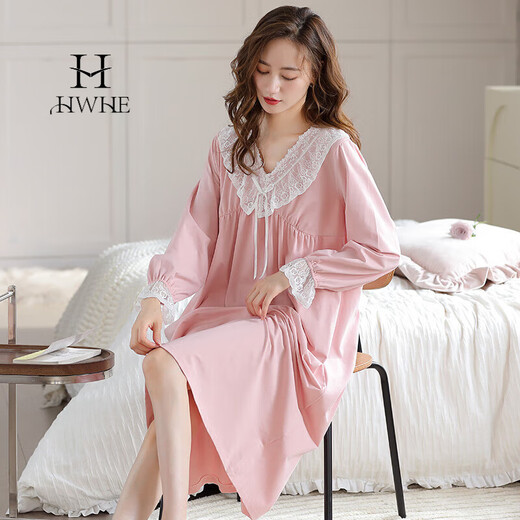 HWHE轻奢品牌长袖睡裙女春秋款带胸垫公主风秋冬季女款家居服长裙 673波绿(带胸垫) L 100-125斤
