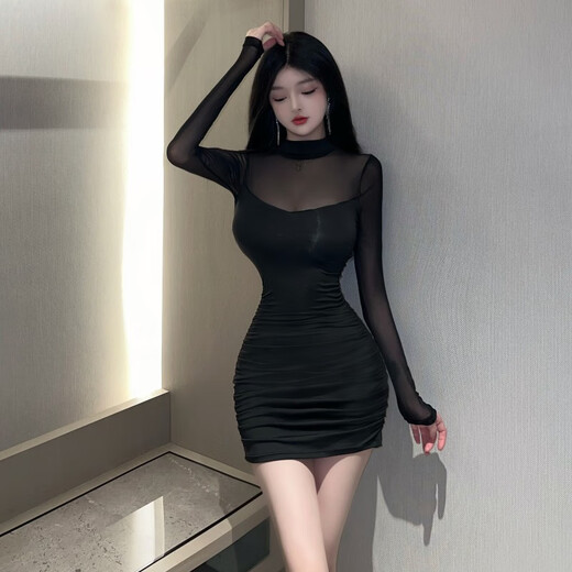El temperamento de Lanni Shifei y el club nocturno de celebridades Feel Firl Hot Girl Perspective Perspective Mesh Spiling Manga larga Falda corta Vestido de cadera apretada para mujeres Negro M