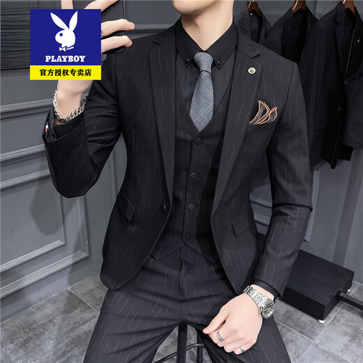 
Playboy suit men's suit trend Korean slim-fit British groom wedding dress business occupation black casual suit 1 dark gray texture 9905 suit + trousers + vest with white shirt 2XL 54/145Jin [Jin equals 0.5 kg] wear