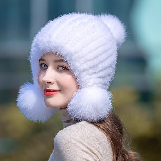Yinghui Fur Hat Women's Winter Casual Mink Hat Korean Style New Warm Fox Fur Ball Mink Fur Ear Protection Hat Light Khaki One Size Elastic