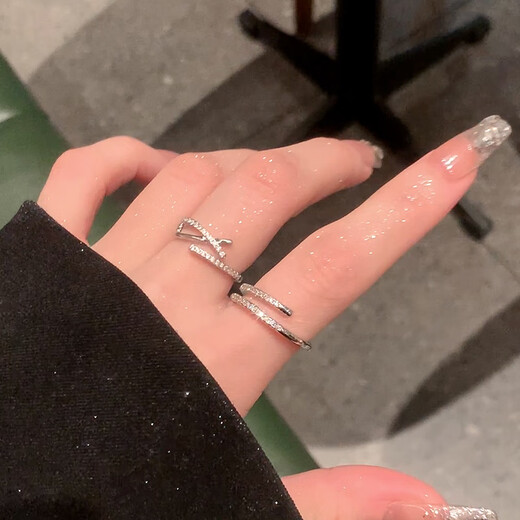 Hua Youxin Persimmon Silver Double Layer Open Ring Women's Niche Design Zircon Ring Index Finger Ring Women's Fashion Personalized Tail Ring Silver Cross Line-Open Ring