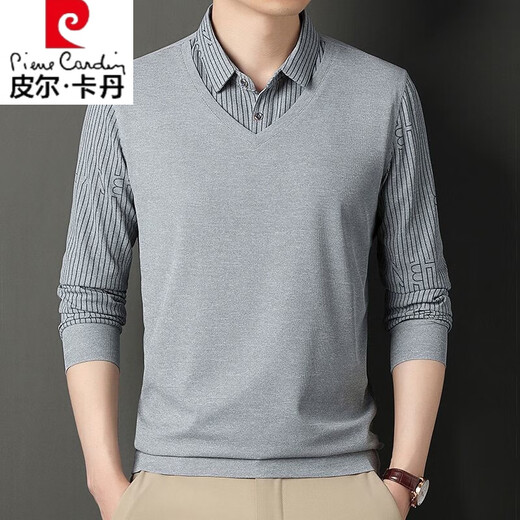 Pier Cardin men's fake two-piece L-shirt fashionable belly-covering men's new thin style. Long-sleeved T-shirt spring and autumn casual style 9901 khaki L recommended 90Jin [Jin equals 0.5 kg]-120Jin [Jin equals 0.5 kg]