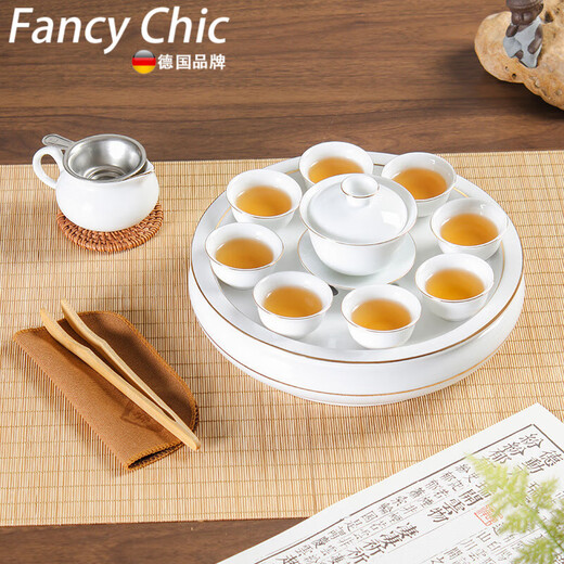 FANCYCHIC Chaoshan Kung Fu Tea Set Ceramic Tea Tray Covered Bowl Male Cup Teapot Teacup Light Luxurious Gold Painted Complete Set for Office and Home Use a White Jade Porcelain Eight-inch Tea Tray Set Covered Bowl Style