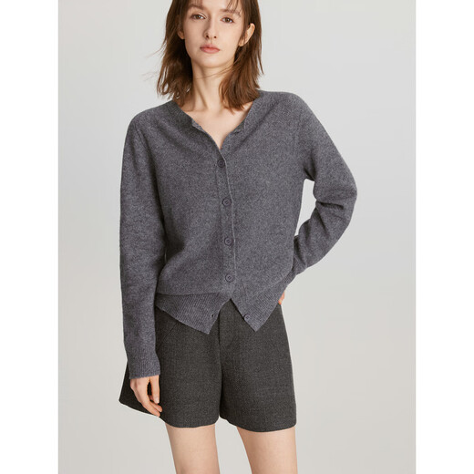 ELLE 100% sheep wool simple temperament wool sweater for women 2025 autumn new round neck sweater cardigan dark gray L