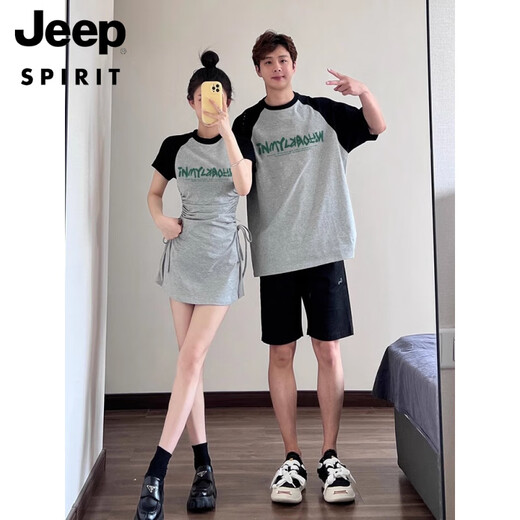 
JEEP SPIRIT special couple outfit summer dress one skirt one dress 2025 new cotton short-sleeved T-shirt one men and one women top fabric quality assurance) 691 women's skirt + men T M men L + women