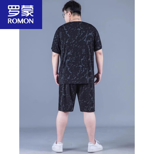 罗蒙（ROMON）冰丝运动套装男夏季大码薄款男士速干五分裤胖子加肥加大宽松短袖 PZ826黑色 高质量冰丝套装 XL 建议130-140斤