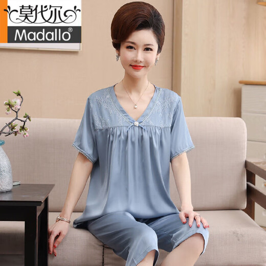 莫代尔冰丝睡衣女夏季妈妈短袖五分裤套装中老年大码家居服仿真丝 826 3XL 建议155-175斤