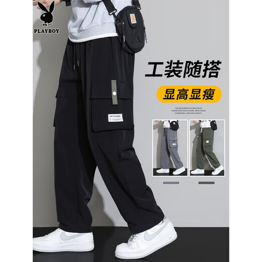 花花公子;PLAYBOY工装裤男士2025新款夏季阔腿宽松直筒春秋款休闲长裤子男款 9930灰色 M