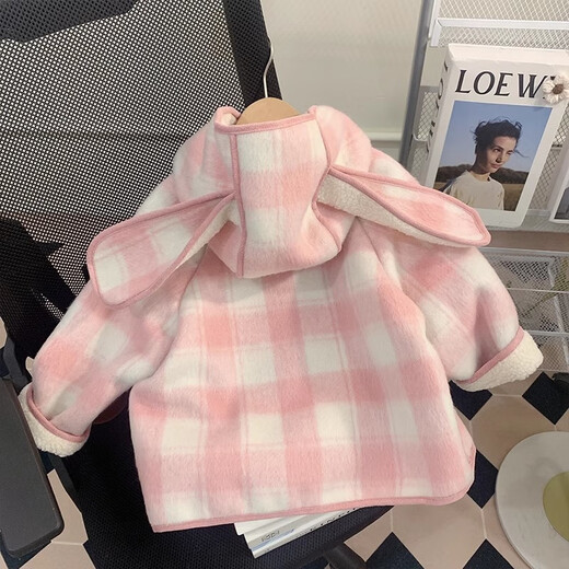 Yuanyouling Girls' Wool Coat Autumn and Winter Clothing 2024 Thickened Plaid Coat Baby Fashionable Coat Children's Coat Pink Fleece Wool Coat 90
