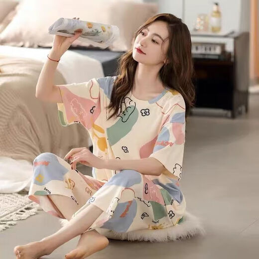 MU Fengqing Polyester Baumwollpyjama für Frauen im Sommer kurzärmeligte Hosenanzuganzug LOSSER FRÜHUNG UND SOMMER KLEINEN KLEINEN KLEINEN KLEINEN. Kurzärärmelte geschnittene Hosenanzug 702 besticktes rotes 3xl 134-152jin [Jin entspricht 0,5 kg]