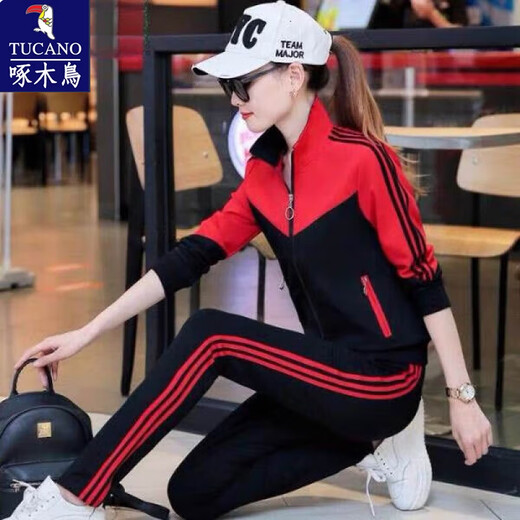 啄木鸟运动服套装男女2025春秋冬新款韩版大码学生班服棉休闲跑步两件套 红色9928两件套短袖女 3XL