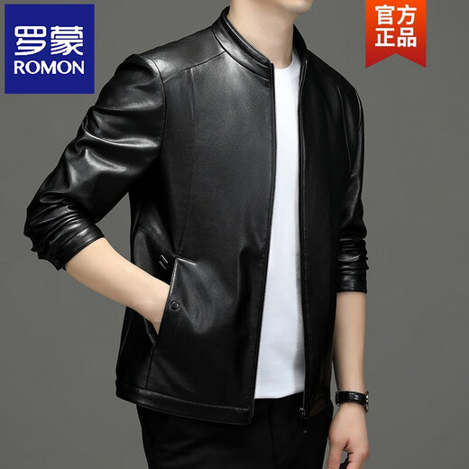 ROMON Spring and Autumn Haining Leather Men's Middle-aged Pure Leather Jacket First Layer Imitation Sheepskin Dad Casual Jacket Black Stand Collar 3XL 170-190