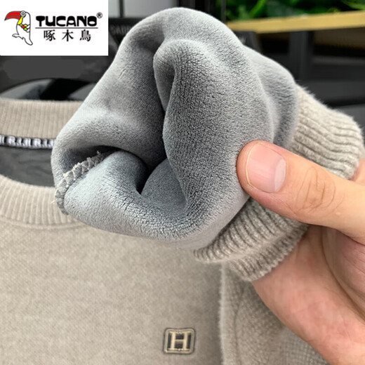 Woodpecker integrated velvet high-end round neck sweater for men's autumn and winter style plus velvet thickened warm base knitted sweater clothes 10749/9906 black [plug thickened] M