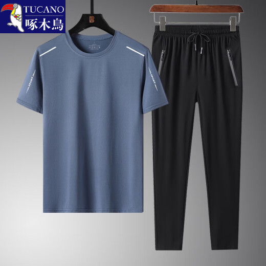 
Woodpecker (TUCANO) summer ice silk quick-drying short-sleeved T-shirt men's sports suit young middle-aged and elderly casual loose dad top t T8802 dark blue K719 [short-sleeved + trousers] 3XL (155-170Jin [Jin equals 0.5 kg])