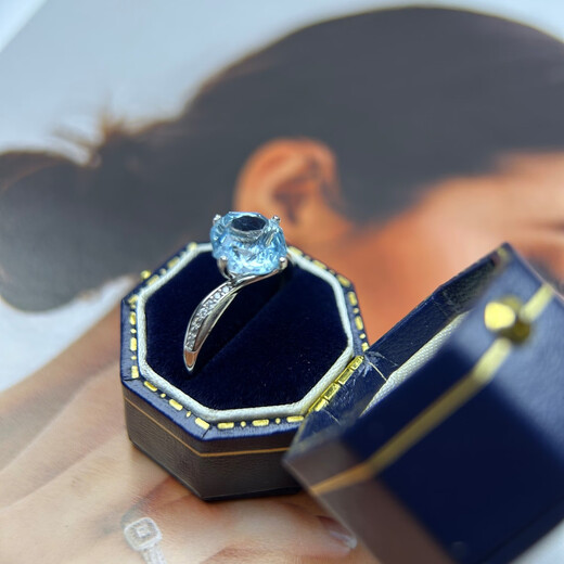 University of Geosciences jewelry natural sea blue topaz ring, S925 silver plated with 18K gold, one item, one certificate