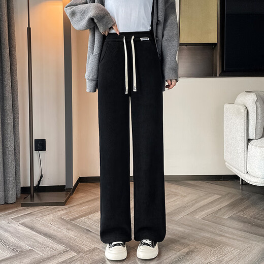 棉致加绒加厚显瘦羊羔绒阔腿裤子女秋冬季宽松高腰直筒休闲裤女棉裤 9767黑色【羊羔绒高品质24.5】 3XL 146-156斤