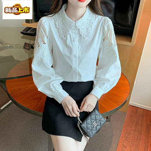 初径【6849人收藏】刺绣纯棉衬衫女2025年秋装新款时尚绣花白色衬衣宽 CY9227 黑色 M 【建议96-110斤】