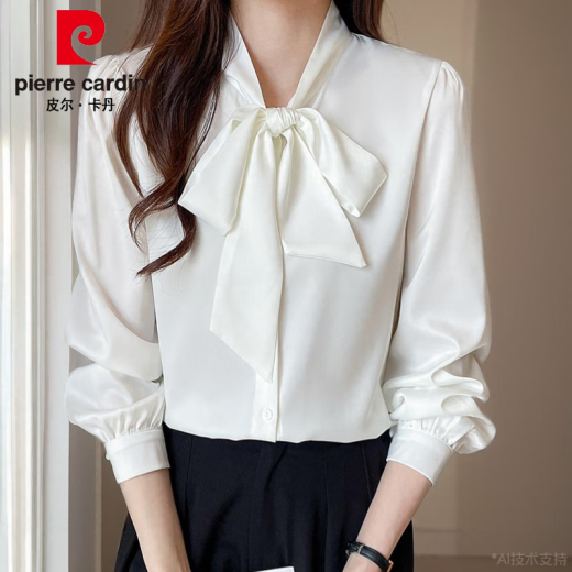 皮尔卡丹（pierre cardin）杭州真丝衬衫女长袖春装新款法式蝴蝶结衬衣感抗皱桑蚕丝上衣 蓝色9276款 S :80-95斤