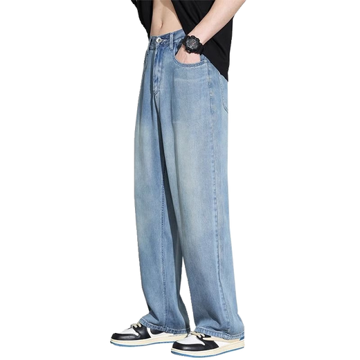 Nanbowan Seda de seda de seda fría Pantalones para hombres Pantalones rectos retro Americanos Tiansi Tiansi Pantalones delgados de piernas ancho 1048 Light Blue M