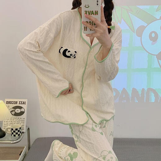 
Youshifei 2025 new panda cotton pajamas for women in spring and autumn long sleeves long trousers cardigan sweet and cute home clothing set 9207# blue pattern Doraemon version L 100-120Jin [Jin equals 0.5 kg]