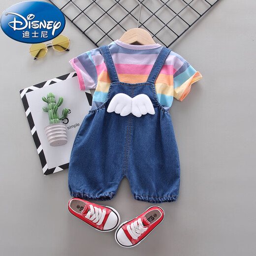 迪士尼（Disney）女童夏季洋气短袖套装婴幼儿童夏装时髦宝宝牛仔背带短裤两件套潮 短袖小毛球白色 90 cm建议1-2周岁