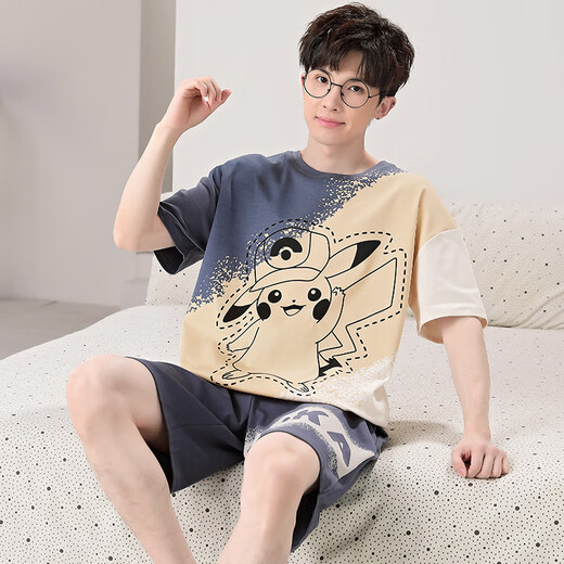 诗花巷美睡衣男夏季短袖卡通青少年男士夏天薄款加肥加大码家居服套装 短袖-xy1098 M  小码(高150-160 70-90斤)