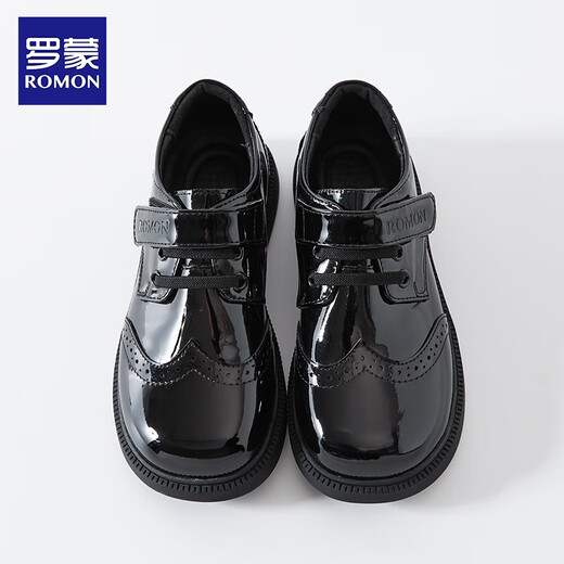 Romon boys' leather shoes black soft sole British style student performance shoes children's performance big children's suit shoes black 33