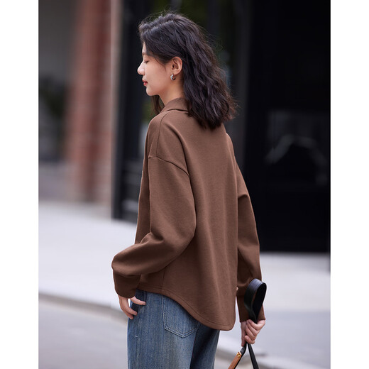 Demana polo collar sweatshirt winter style embroidered decoration casual versatile plus velvet sweatshirt for women brick coffee color L