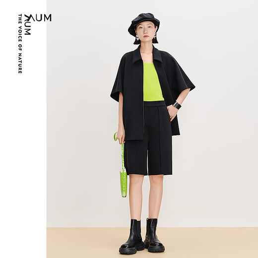 AUM (AUM) Easy Suit AUM 2025 Spring New Stretch Knitted Roman Cloth Black Shirt Shorts Black Jacket S
