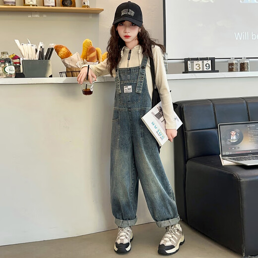 Maidou Xiong Girls Internet Celebrity Overalls Set New Spring and Autumn Clothing Medium and Large Children's Fashionable Denim Overalls Two-piece Set Single-piece Overalls Front Pocket Style 150